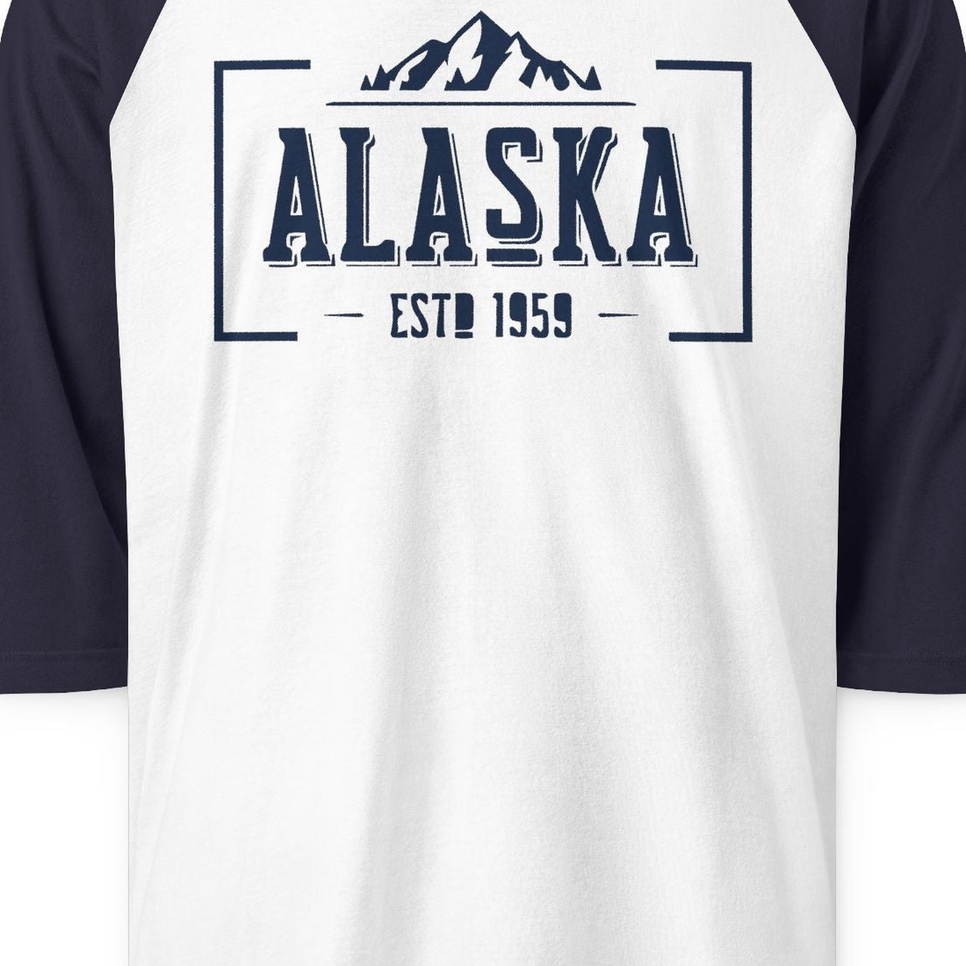 Alaska Mountain Vintage Shirt 3/4 Sleeve Raglan Shirt – White/Navy – Alaska Cruise Shirts Close Up