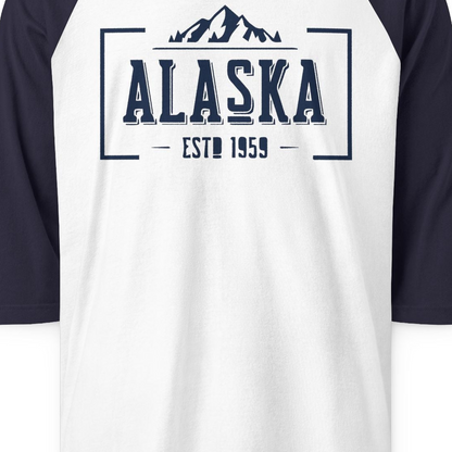 Alaska Mountain Vintage Shirt 3/4 Sleeve Raglan Shirt – White/Navy – Alaska Cruise Shirts Close Up