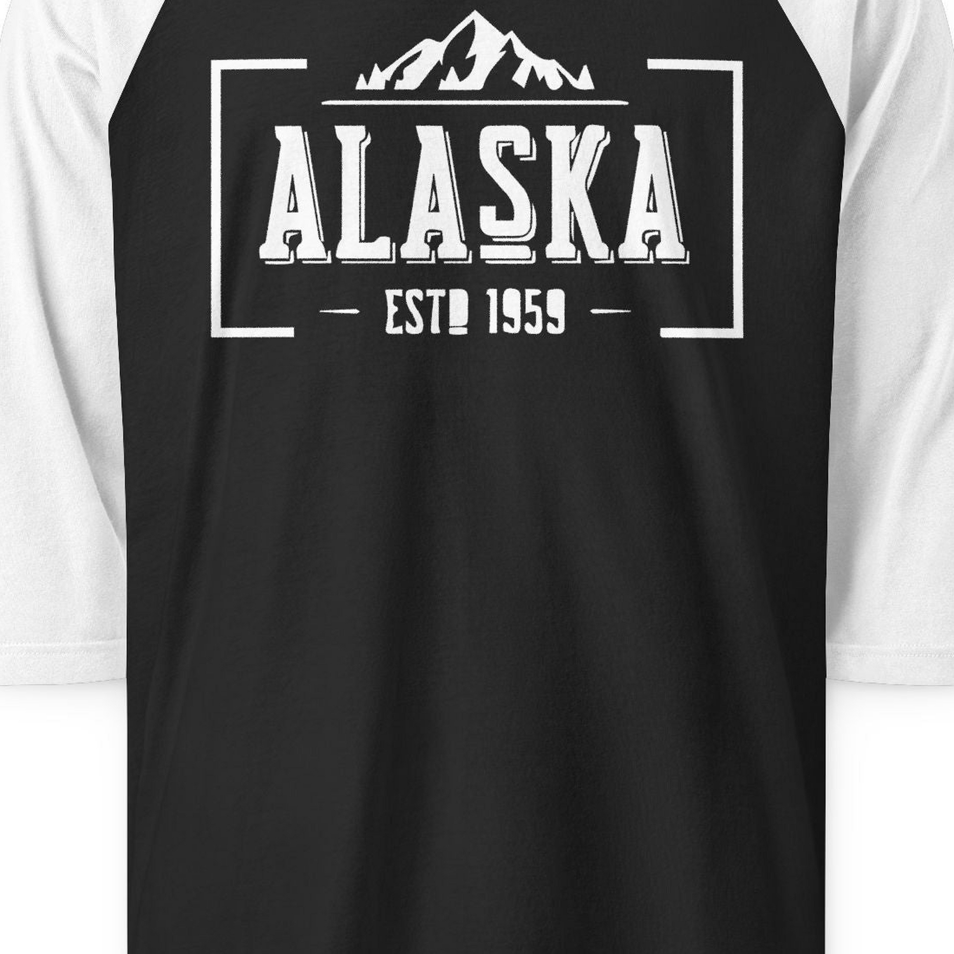 Alaska Mountain Vintage Shirt 3/4 Sleeve Raglan Shirt – Black/White – Alaska Cruise Shirts Close Up