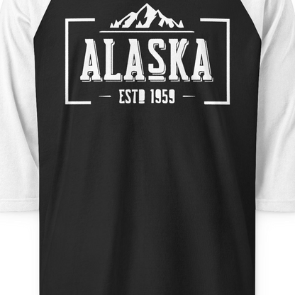 Alaska Mountain Vintage Shirt 3/4 Sleeve Raglan Shirt – Black/White – Alaska Cruise Shirts Close Up