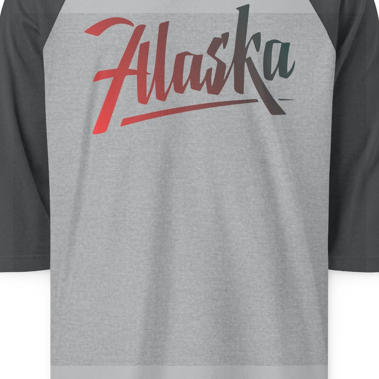 Alaska Script Wordmark Shirt 3/4 Sleeve Raglan Shirt – Heather Grey/Heather Charcoal – Alaska Cruise Shirts Close Up