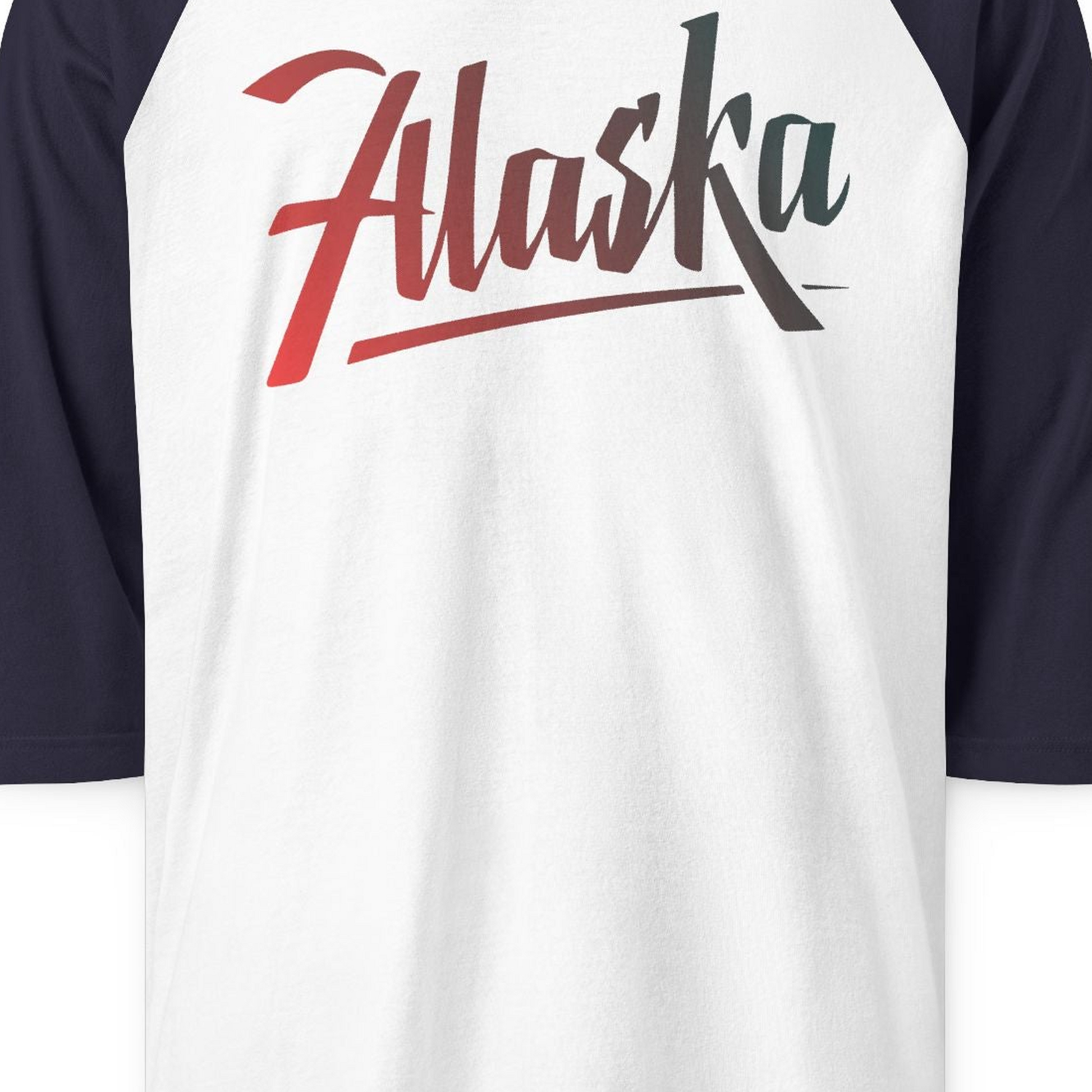 Alaska Script Wordmark Shirt 3/4 Sleeve Raglan Shirt – White/Navy – Alaska Cruise Shirts Close Up