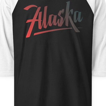 Alaska Script Wordmark Shirt 3/4 Sleeve Raglan Shirt – Black/White – Alaska Cruise Shirts Close Up