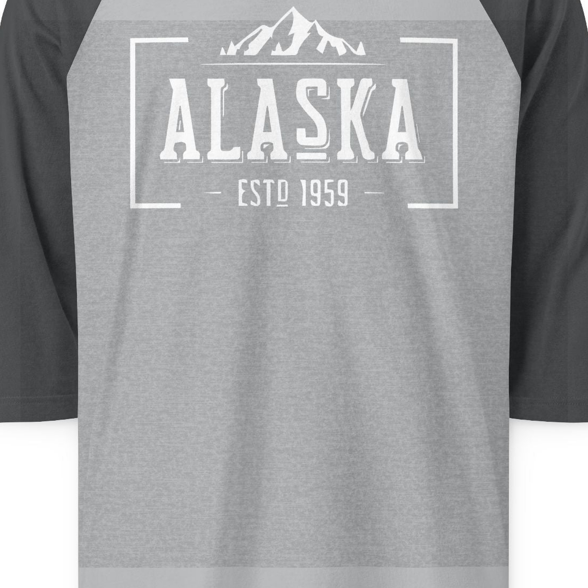 Vintage Alaska Estd 1959 Shirt 3/4 Sleeve Raglan Shirt – Heather Grey/Heather Charcoal – Alaska Cruise Shirts Close Up