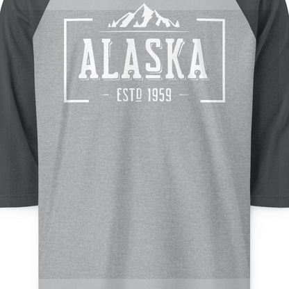 Vintage Alaska Estd 1959 Shirt 3/4 Sleeve Raglan Shirt – Heather Grey/Heather Charcoal – Alaska Cruise Shirts Close Up