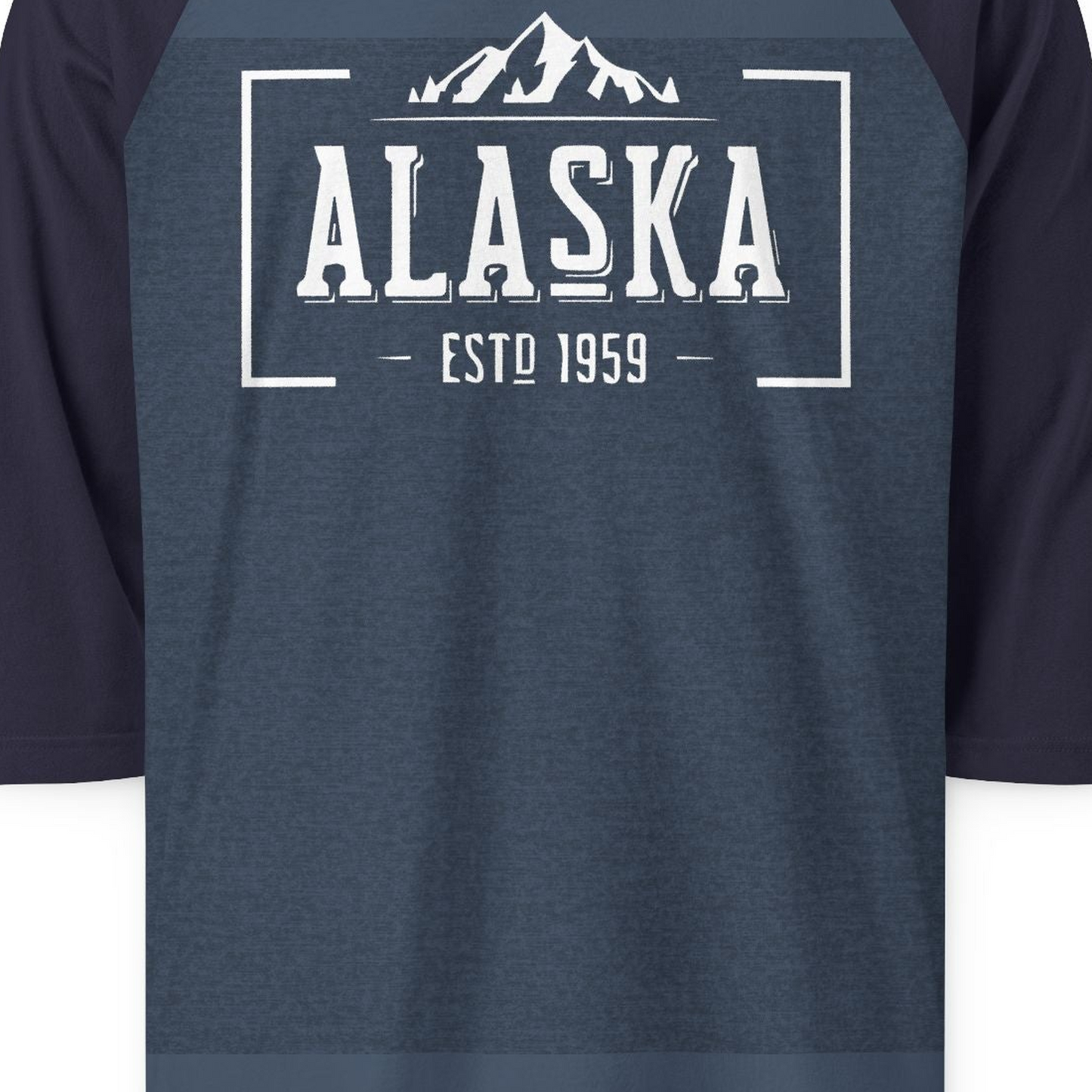 Vintage Alaska Estd 1959 Shirt 3/4 Sleeve Raglan Shirt – Heather Denim/Navy – Alaska Cruise Shirts Close Up