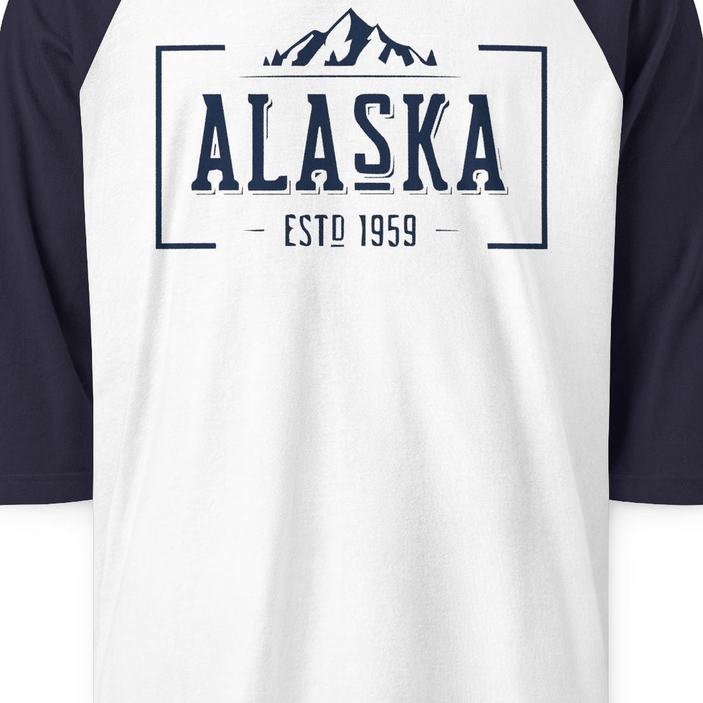 Vintage Alaska Estd 1959 Shirt 3/4 Sleeve Raglan Shirt – White/Navy – Alaska Cruise Shirts Close Up