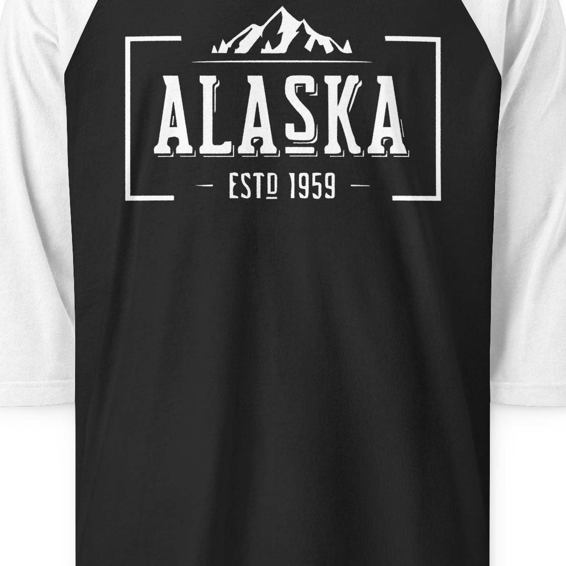 Vintage Alaska Estd 1959 Shirt 3/4 Sleeve Raglan Shirt – Black/White – Alaska Cruise Shirts Close Up