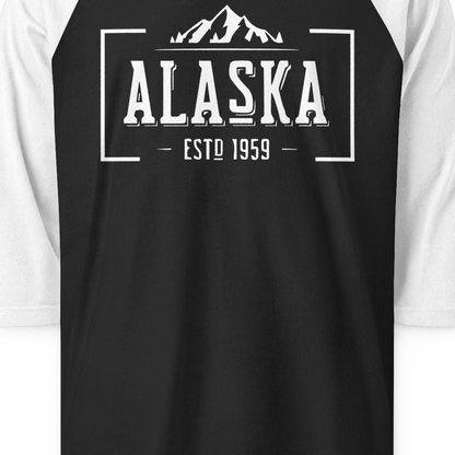 Vintage Alaska Estd 1959 Shirt 3/4 Sleeve Raglan Shirt – Black/White – Alaska Cruise Shirts Close Up