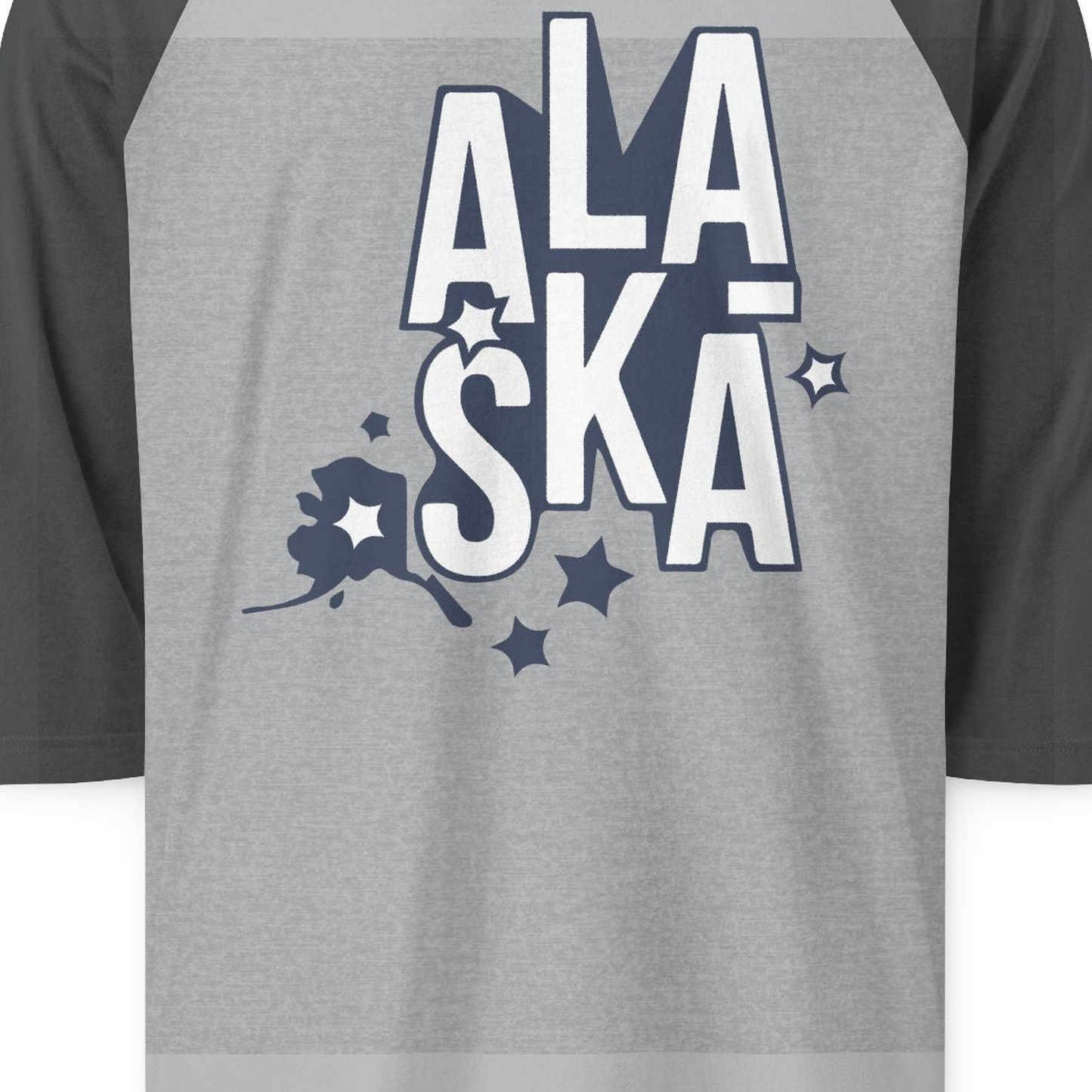 Alaska Stars Bold Typography Shirt 3/4 Sleeve Raglan Shirt – Heather Grey/Heather Charcoal – Alaska Cruise Shirts Close Up
