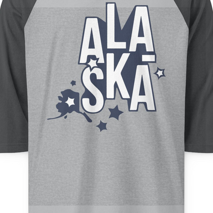Alaska Stars Bold Typography Shirt 3/4 Sleeve Raglan Shirt – Heather Grey/Heather Charcoal – Alaska Cruise Shirts Close Up
