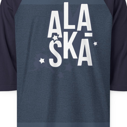 Alaska Stars Bold Typography Shirt 3/4 Sleeve Raglan Shirt – Heather Denim/Navy – Alaska Cruise Shirts Close Up