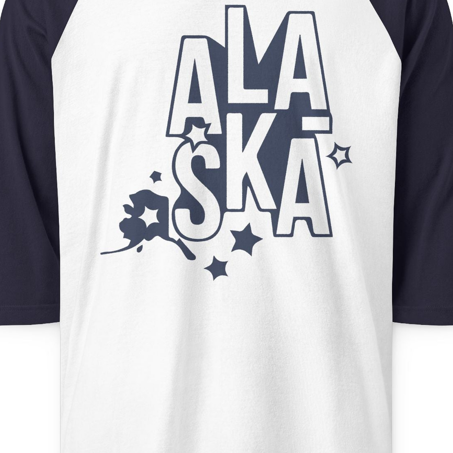 Alaska Stars Bold Typography Shirt 3/4 Sleeve Raglan Shirt – White/Navy – Alaska Cruise Shirts Close Up