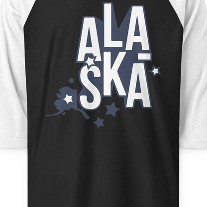 Alaska Stars Bold Typography Shirt 3/4 Sleeve Raglan Shirt – Black/White – Alaska Cruise Shirts Close Up
