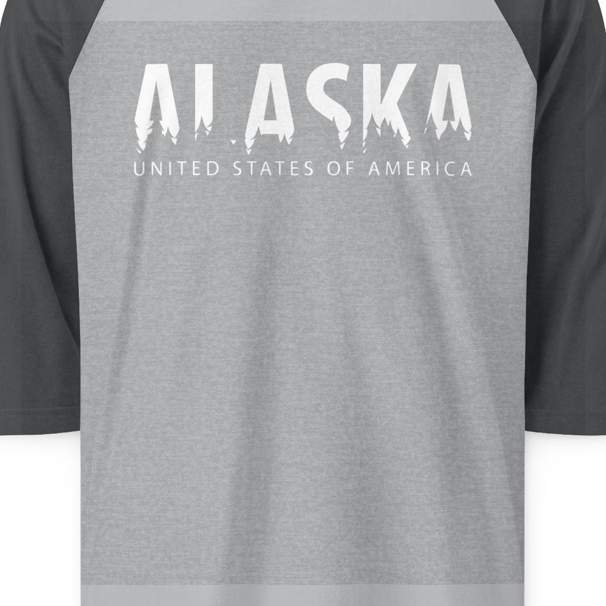 Alaska United States Typography Shirt 3/4 Sleeve Raglan Shirt – Heather Grey/Heather Charcoal – Alaska Cruise Shirts Close Up