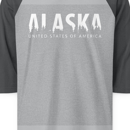 Alaska United States Typography Shirt 3/4 Sleeve Raglan Shirt – Heather Grey/Heather Charcoal – Alaska Cruise Shirts Close Up