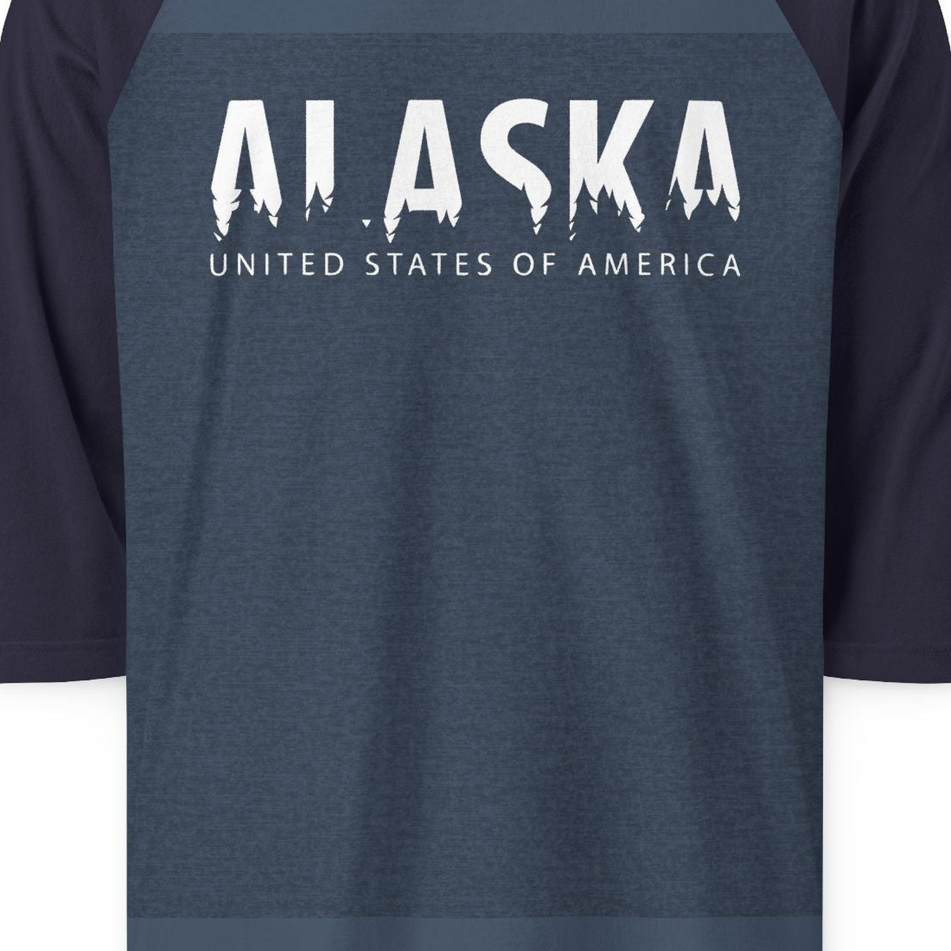 Alaska United States Typography Shirt 3/4 Sleeve Raglan Shirt – Heather Denim/Navy – Alaska Cruise Shirts Close Up
