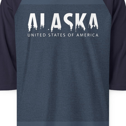Alaska United States Typography Shirt 3/4 Sleeve Raglan Shirt – Heather Denim/Navy – Alaska Cruise Shirts Close Up