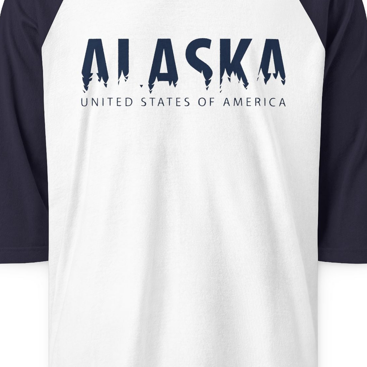 Alaska United States Typography Shirt 3/4 Sleeve Raglan Shirt – White/Navy – Alaska Cruise Shirts Close Up