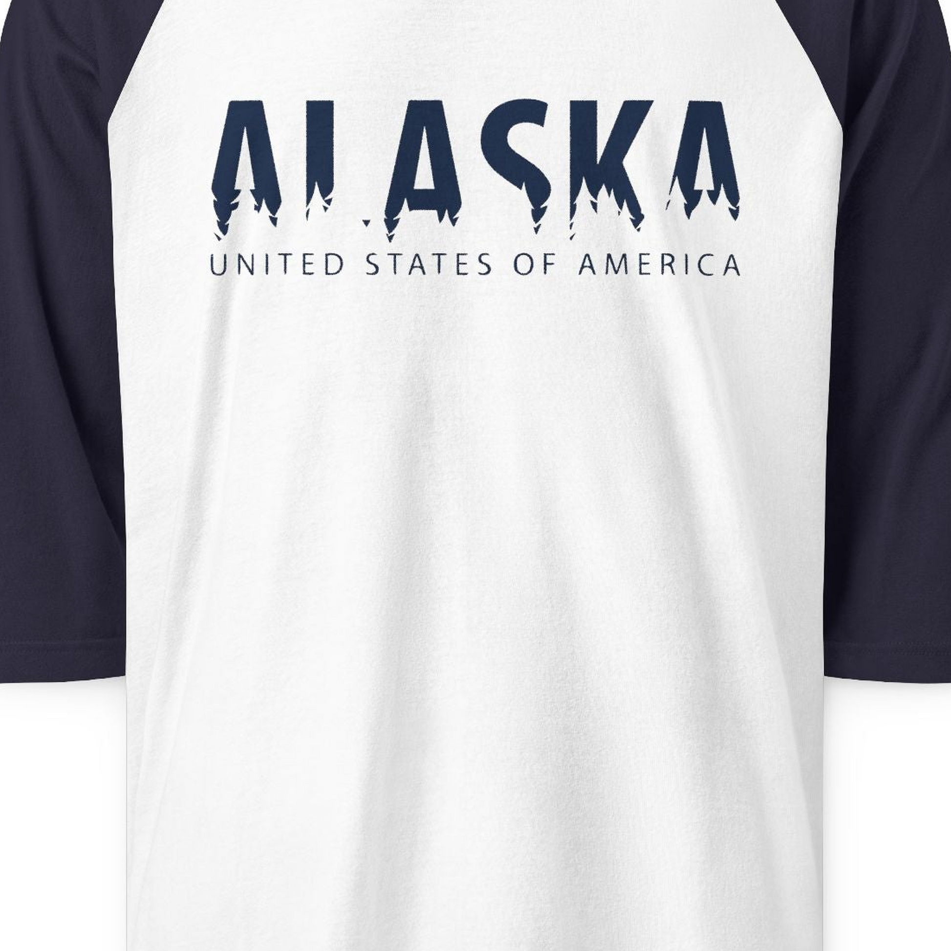 Alaska United States Typography Shirt 3/4 Sleeve Raglan Shirt – White/Navy – Alaska Cruise Shirts Close Up