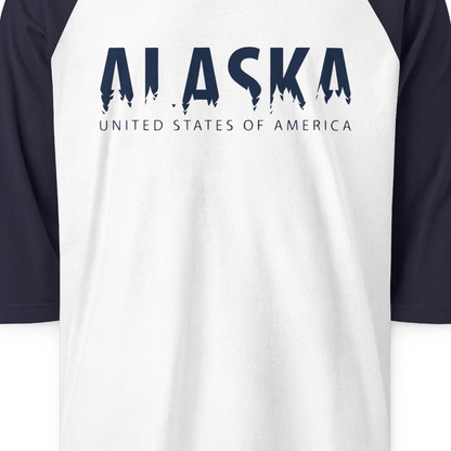 Alaska United States Typography Shirt 3/4 Sleeve Raglan Shirt – White/Navy – Alaska Cruise Shirts Close Up