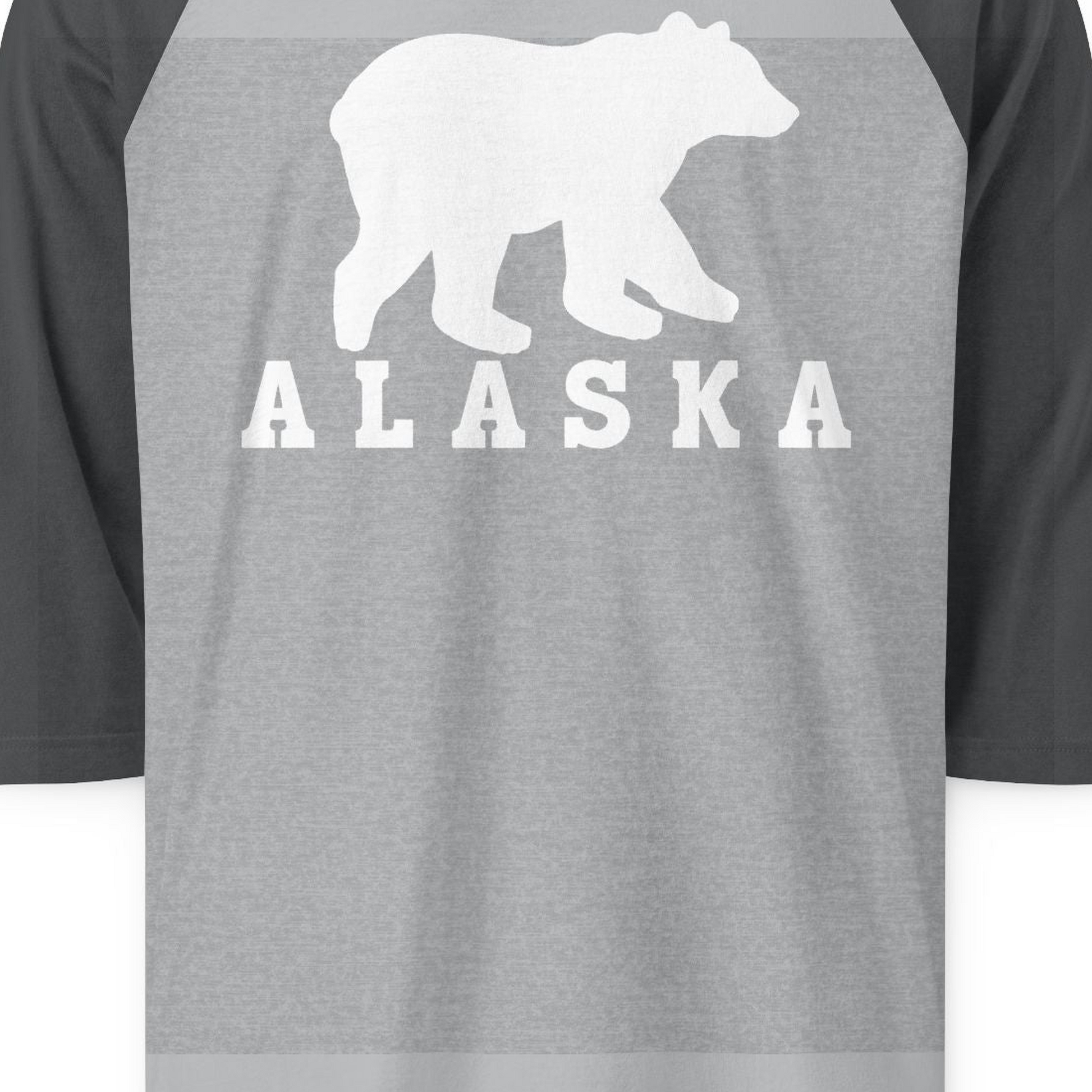 Alaska Bear Silhouette Shirt 3/4 Sleeve Raglan Shirt – Heather Grey/Heather Charcoal – Alaska Cruise Shirts Close Up