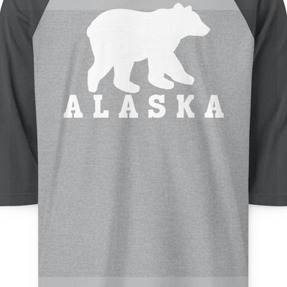 Alaska Bear Silhouette Shirt 3/4 Sleeve Raglan Shirt – Heather Grey/Heather Charcoal – Alaska Cruise Shirts Close Up