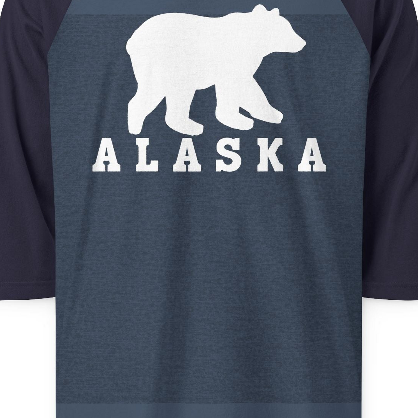 Alaska Bear Silhouette Shirt 3/4 Sleeve Raglan Shirt – Heather Denim/Navy – Alaska Cruise Shirts Close Up