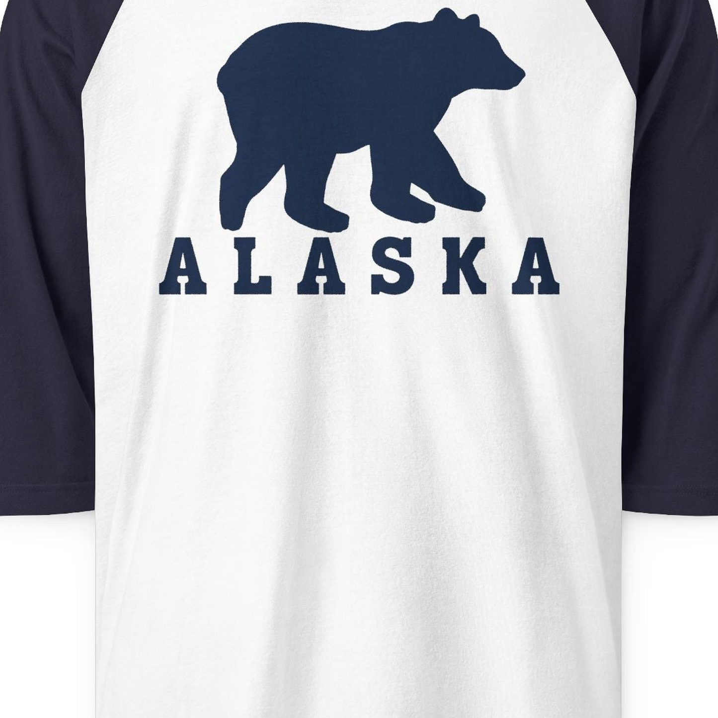 Alaska Bear Silhouette Shirt 3/4 Sleeve Raglan Shirt – White/Navy – Alaska Cruise Shirts Close Up