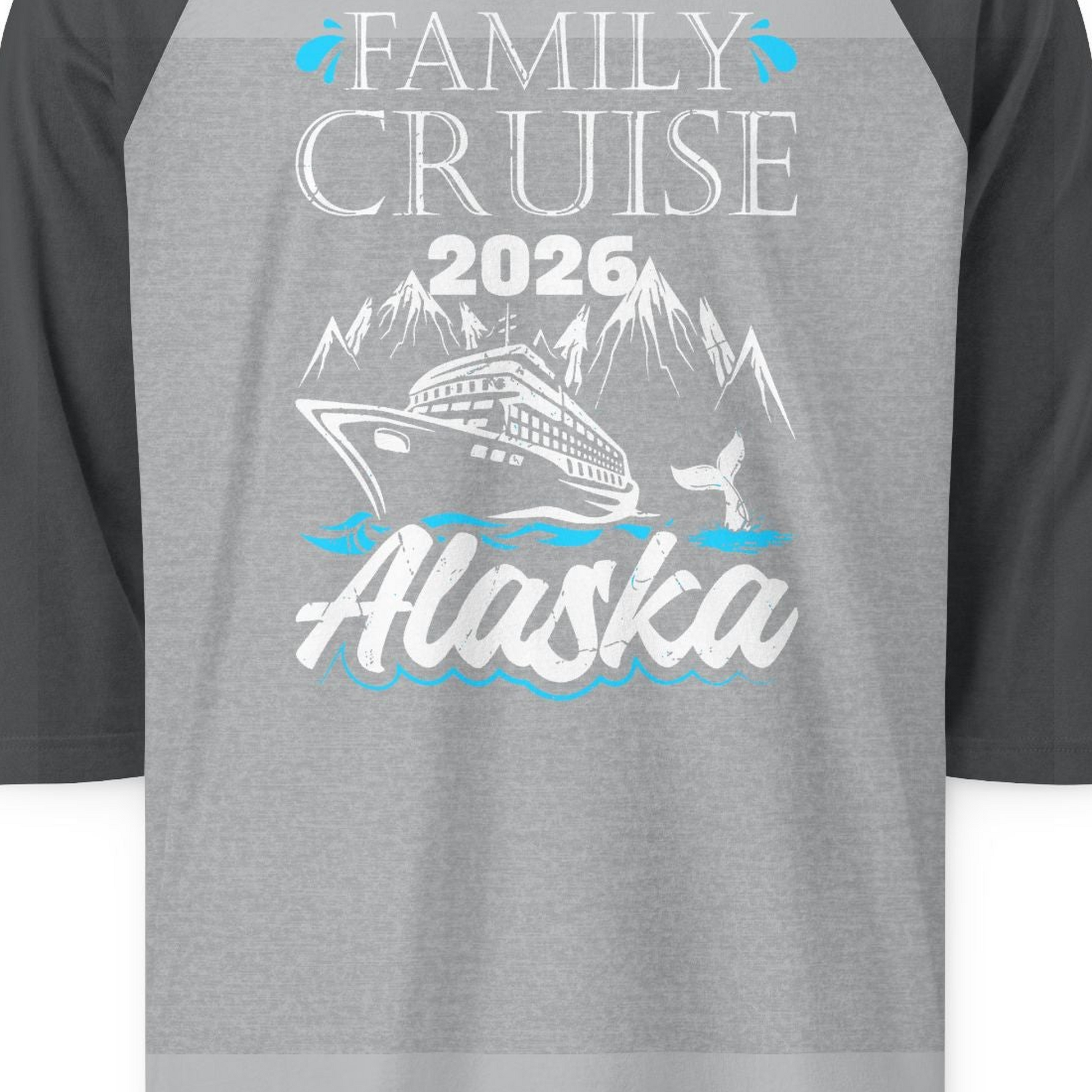 Alaska Family Cruise Shirt 3/4 Sleeve Raglan Shirt – Heather Grey/Heather Charcoal – Alaska Cruise Shirts Close Up