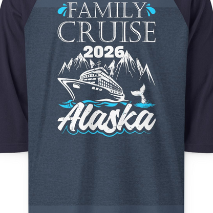 Alaska Family Cruise Shirt 3/4 Sleeve Raglan Shirt – Heather Denim/Navy – Alaska Cruise Shirts Close Up