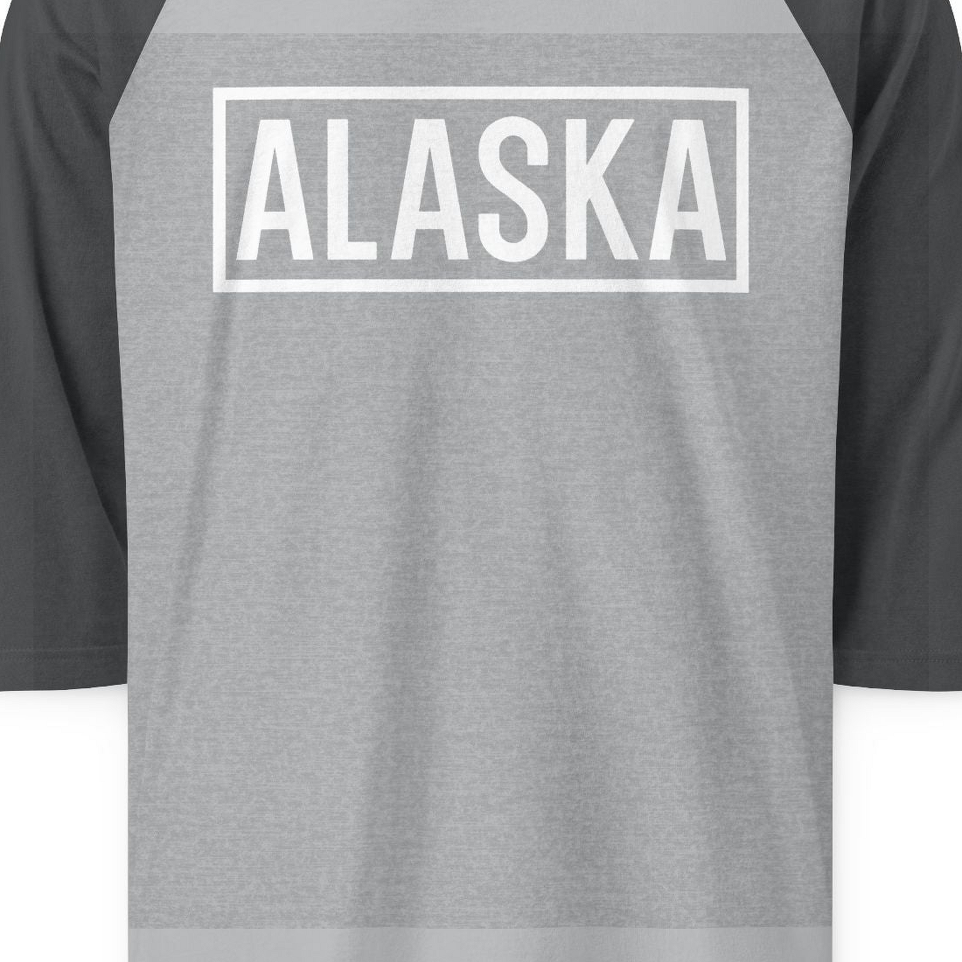 Alaska Bold Text Minimalist Monochrome Graphic Shirt for Travelers — 3/4 Sleeve 3/4 Sleeve Raglan Shirt – Heather Grey/Heather Charcoal – Alaska Cruise Shirts Close Up