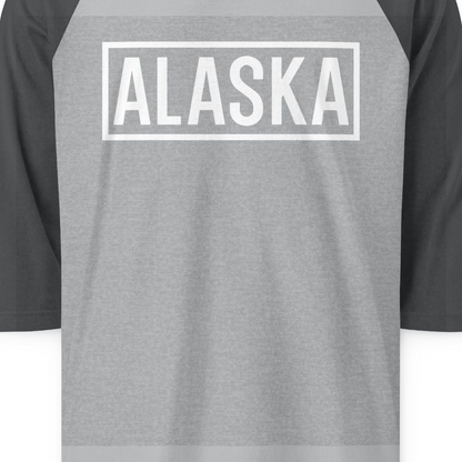 Alaska Bold Text Minimalist Monochrome Graphic Shirt for Travelers — 3/4 Sleeve 3/4 Sleeve Raglan Shirt – Heather Grey/Heather Charcoal – Alaska Cruise Shirts Close Up