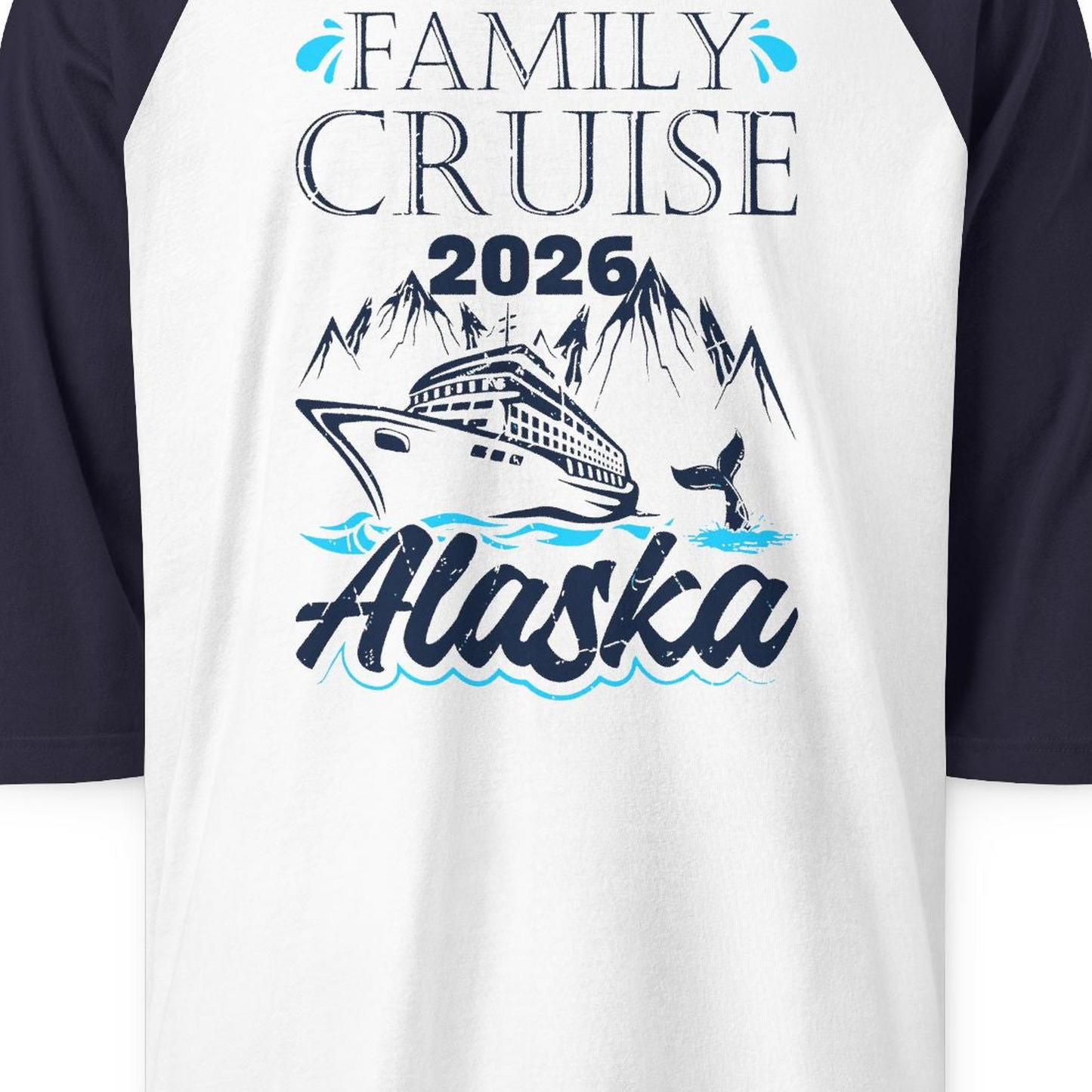 Alaska Family Cruise Shirt 3/4 Sleeve Raglan Shirt – White/Navy – Alaska Cruise Shirts Close Up