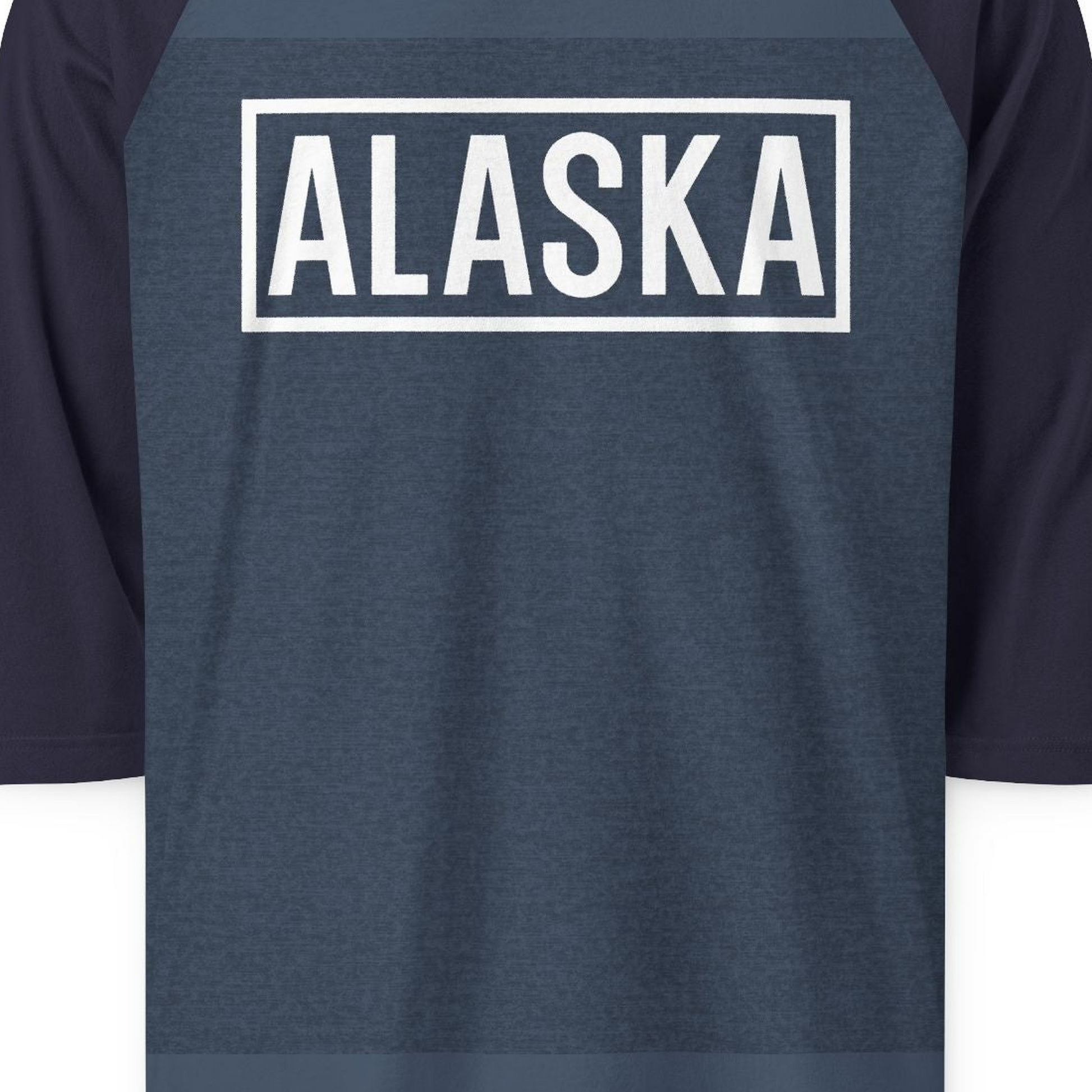 Alaska Bold Text Minimalist Monochrome Graphic Shirt for Travelers — 3/4 Sleeve 3/4 Sleeve Raglan Shirt – Heather Denim/Navy – Alaska Cruise Shirts Close Up