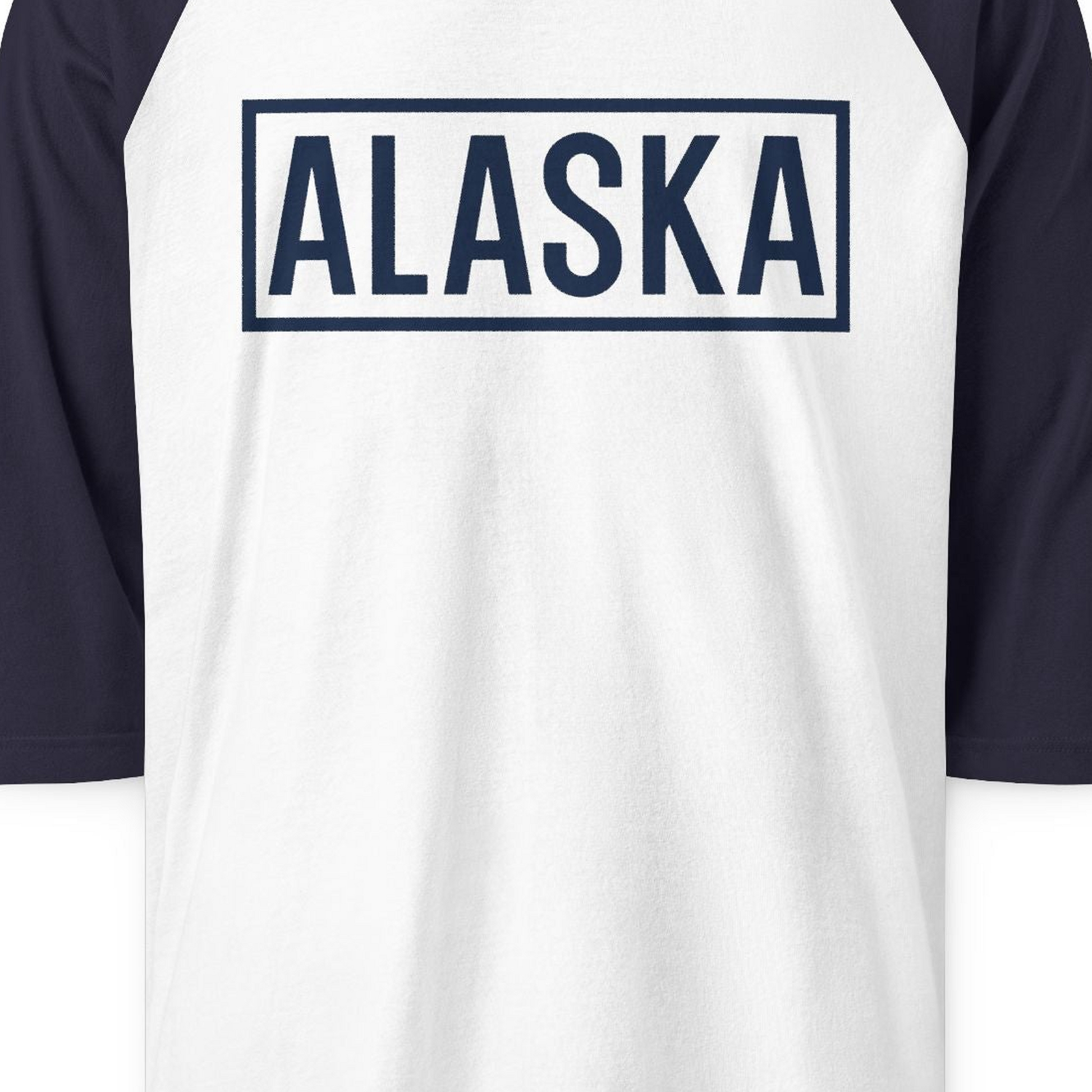 Alaska Bold Text Minimalist Monochrome Graphic Shirt for Travelers — 3/4 Sleeve 3/4 Sleeve Raglan Shirt – White/Navy – Alaska Cruise Shirts Close Up