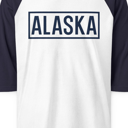 Alaska Bold Text Minimalist Monochrome Graphic Shirt for Travelers — 3/4 Sleeve 3/4 Sleeve Raglan Shirt – White/Navy – Alaska Cruise Shirts Close Up