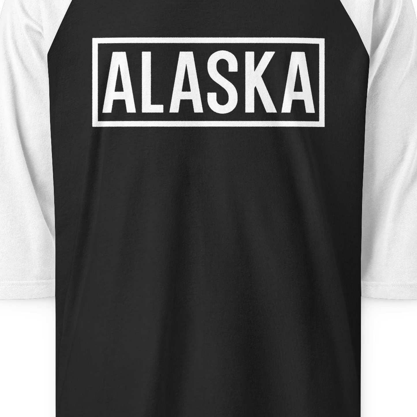 Alaska Bold Text Minimalist Monochrome Graphic Shirt for Travelers — 3/4 Sleeve 3/4 Sleeve Raglan Shirt – Black/White – Alaska Cruise Shirts Close Up