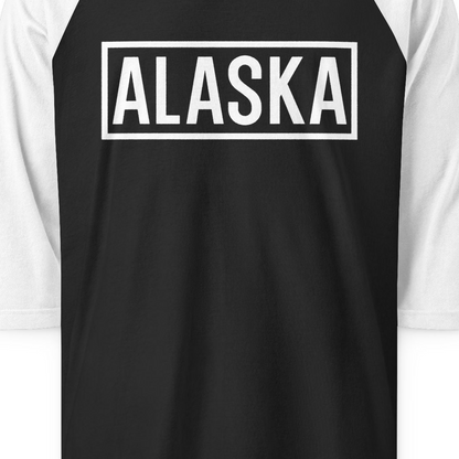 Alaska Bold Text Minimalist Monochrome Graphic Shirt for Travelers — 3/4 Sleeve 3/4 Sleeve Raglan Shirt – Black/White – Alaska Cruise Shirts Close Up