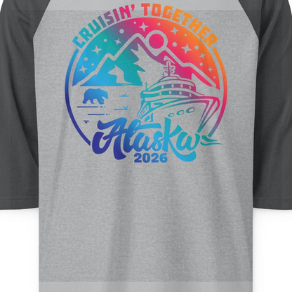 Alaska Cruise Adventure Mountains Wildlife Retro Family Group Shirt 2026 — 3/4 Sleeve 3/4 Sleeve Raglan Shirt – Heather Grey/Heather Charcoal – Alaska Cruise Shirts Close Up