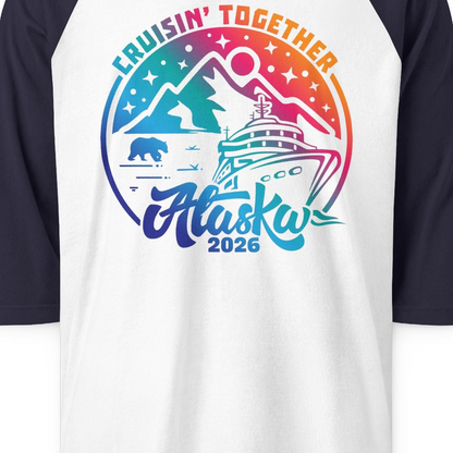 Alaska Cruise Adventure Mountains Wildlife Retro Family Group Shirt 2026 — 3/4 Sleeve 3/4 Sleeve Raglan Shirt – White/Navy – Alaska Cruise Shirts Close Up