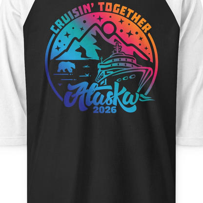 Alaska Cruise Adventure Mountains Wildlife Retro Family Group Shirt 2026 — 3/4 Sleeve 3/4 Sleeve Raglan Shirt – Black/White – Alaska Cruise Shirts Close Up