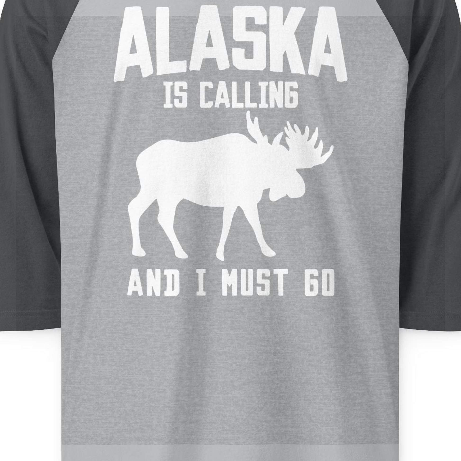 Alaska Is Calling Moose Silhouette Shirt 3/4 Sleeve Raglan Shirt – Heather Grey/Heather Charcoal – Alaska Cruise Shirts Close Up