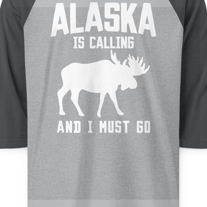 Alaska Is Calling Moose Silhouette Shirt 3/4 Sleeve Raglan Shirt – Heather Grey/Heather Charcoal – Alaska Cruise Shirts Close Up