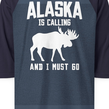 Alaska Is Calling Moose Silhouette Shirt 3/4 Sleeve Raglan Shirt – Heather Denim/Navy – Alaska Cruise Shirts Close Up
