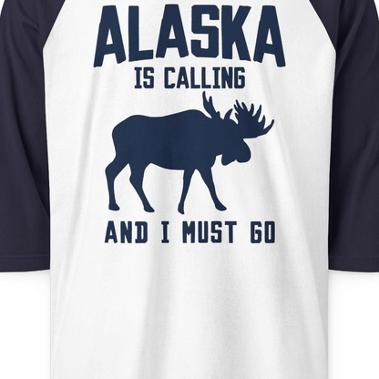 Alaska Is Calling Moose Silhouette Shirt 3/4 Sleeve Raglan Shirt – White/Navy – Alaska Cruise Shirts Close Up