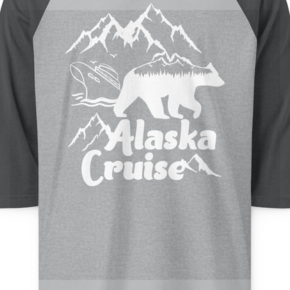 Alaska Cruise Shirt 3/4 Sleeve Raglan Shirt – Heather Grey/Heather Charcoal – Alaska Cruise Shirts Close Up
