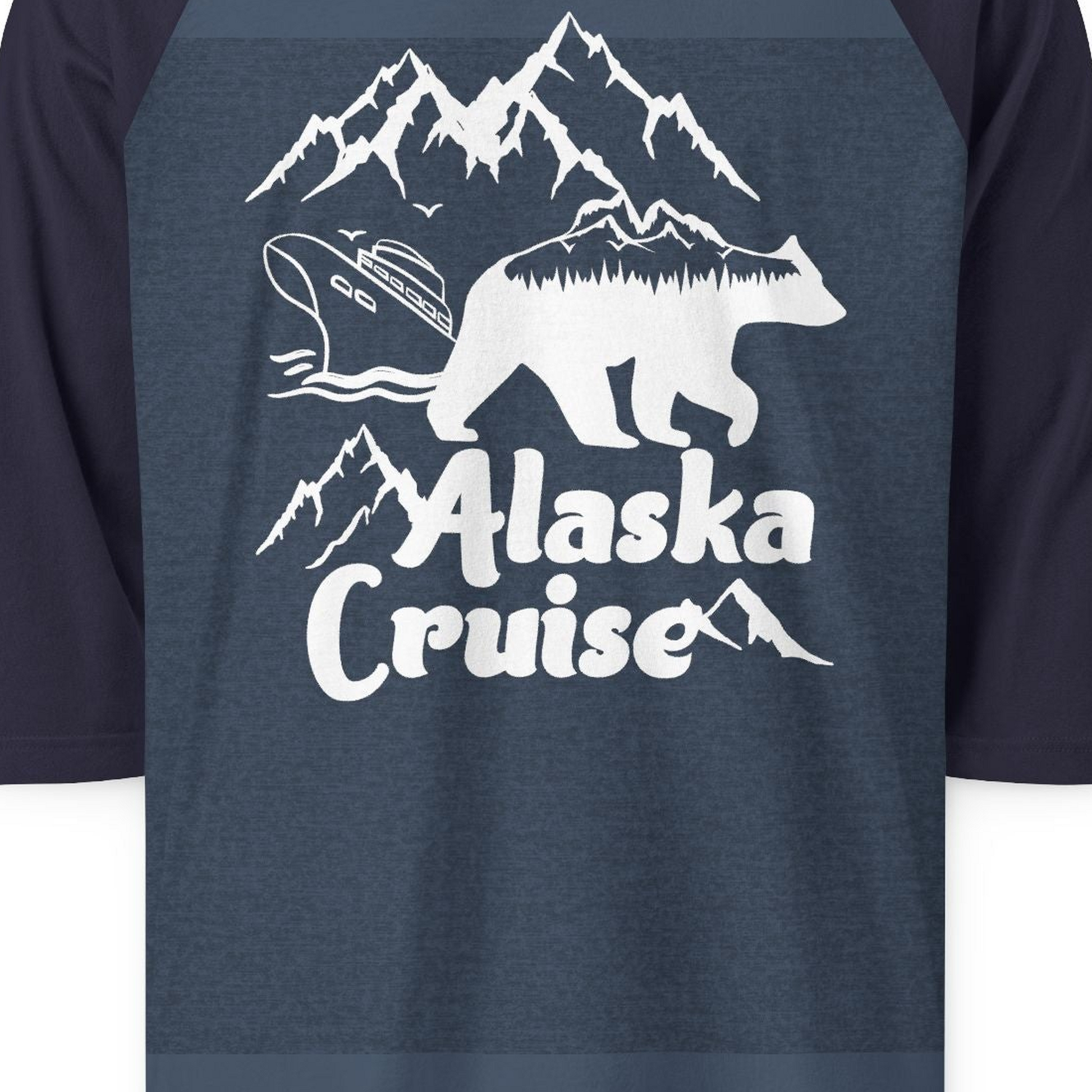 Alaska Cruise Shirt 3/4 Sleeve Raglan Shirt – Heather Denim/Navy – Alaska Cruise Shirts Close Up