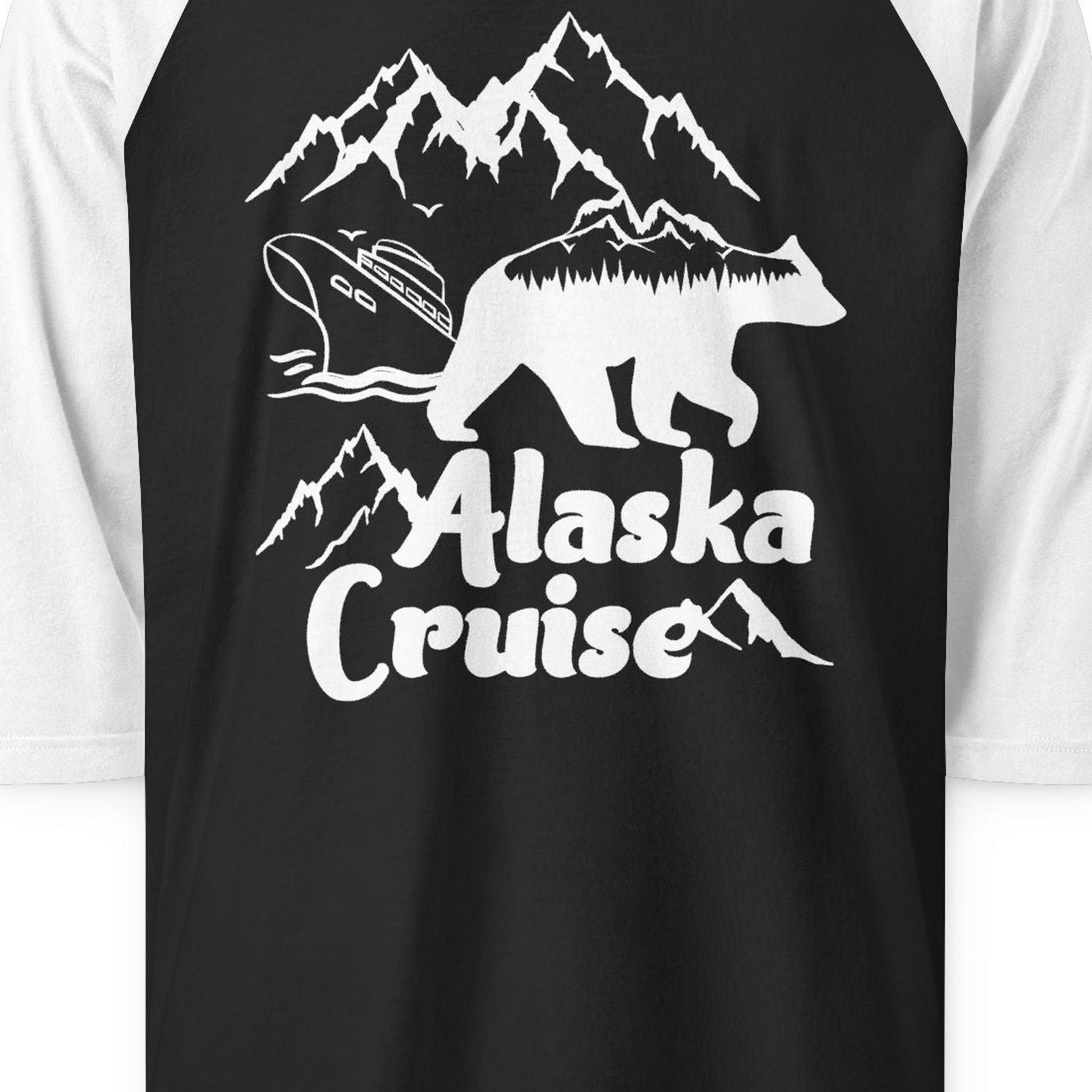 Alaska Cruise Shirt 3/4 Sleeve Raglan Shirt – Black/White – Alaska Cruise Shirts Close Up