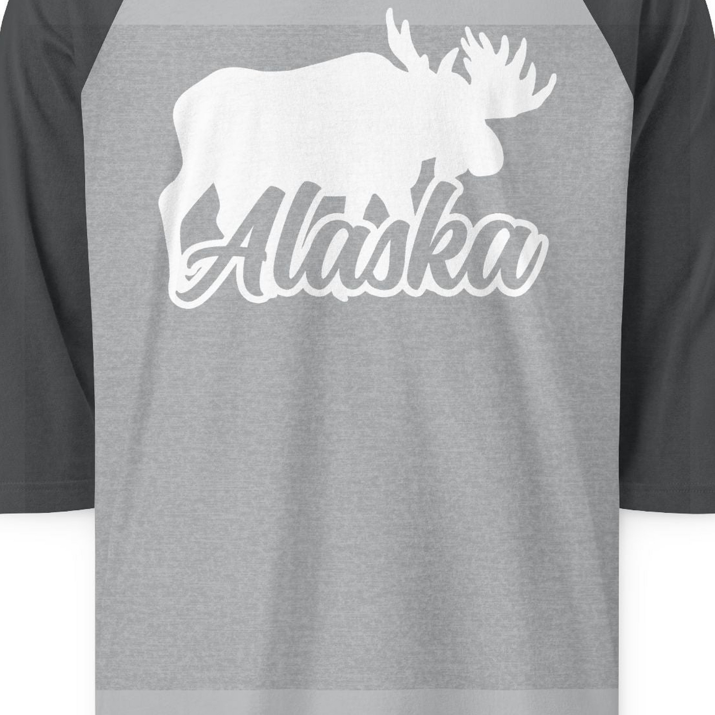 Alaska Moose Wildlife Silhouette Shirt 3/4 Sleeve Raglan Shirt – Heather Grey/Heather Charcoal – Alaska Cruise Shirts Close Up
